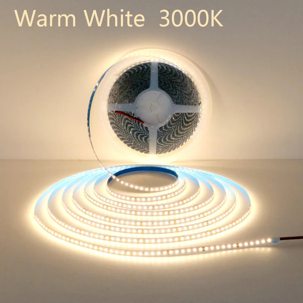 Long, flexible LED strip with 120 LEDs per meter, soft lamp bar for home lighting.