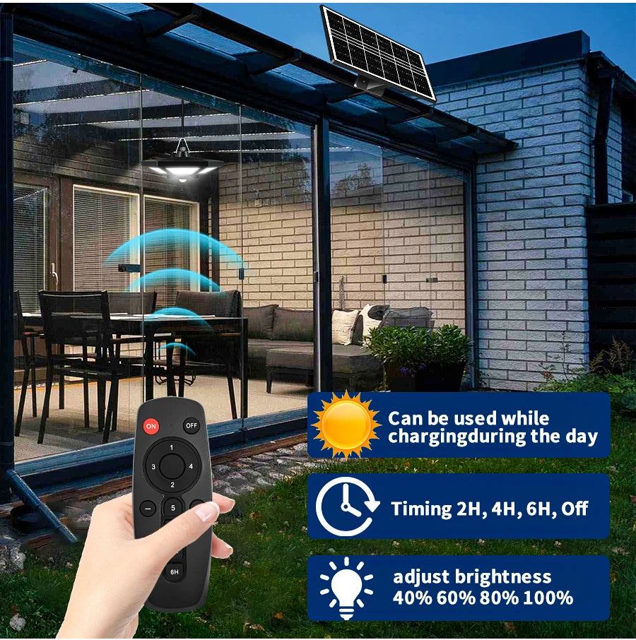 Solar Pendant Light, Solar-powered pendant light with adjustable timer and brightness for indoor/outdoor use.