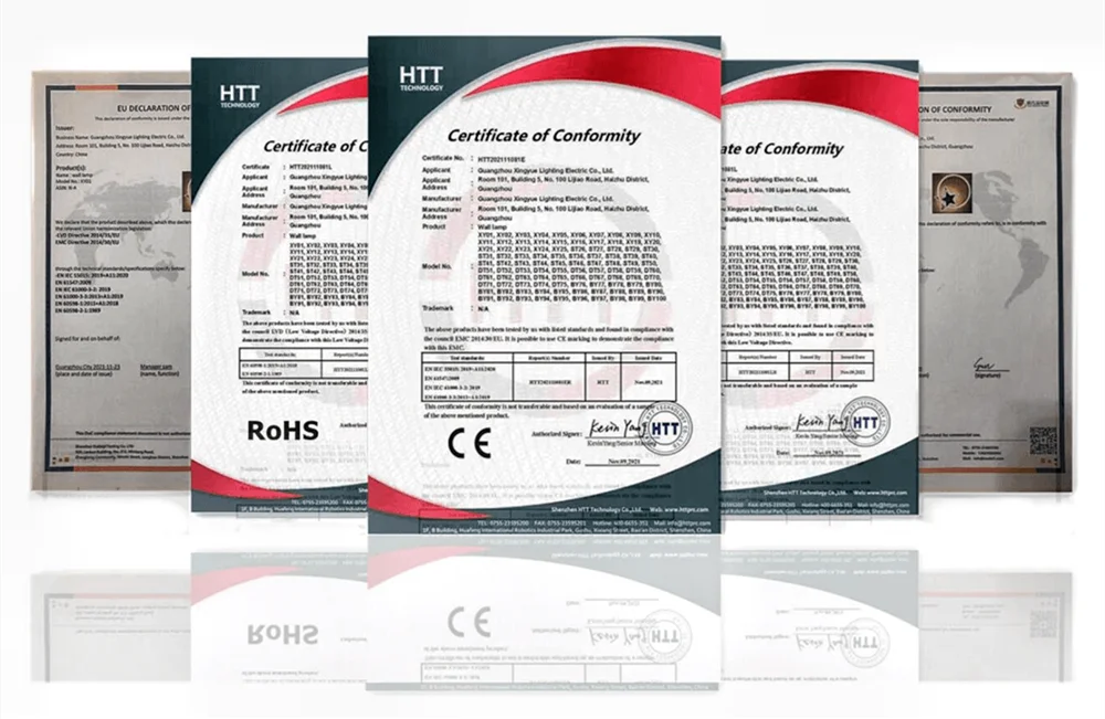 LED Wall Light, RoHS compliant and CE marked electronics certificate with no VDU certification mention.
