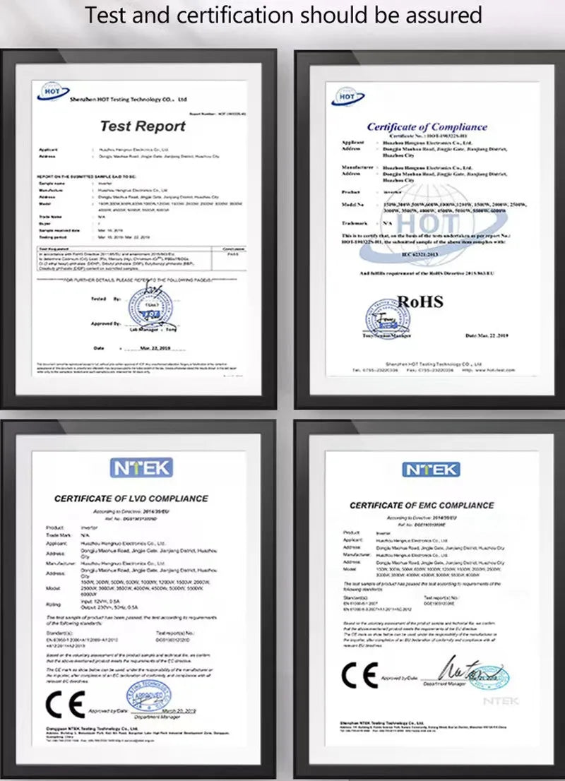 Solar Inverter, Product complies with certifications from HOT MRO, RoHS, and NTEK; meets EMC requirements.