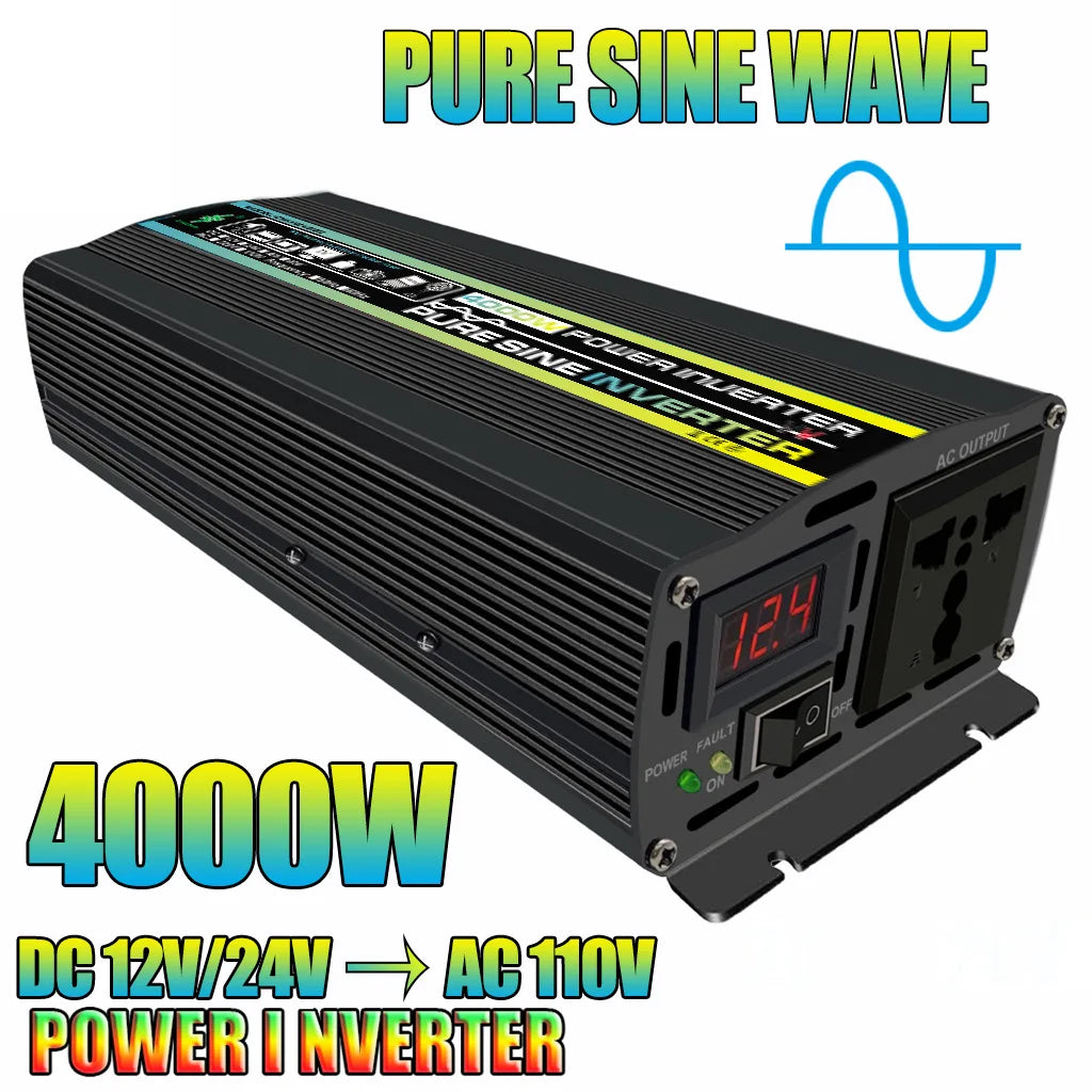 3000W/4000W Pure Sine Wave Inverter, Converts DC power to AC power for household use with 220V output and 3000-4000W capacity.