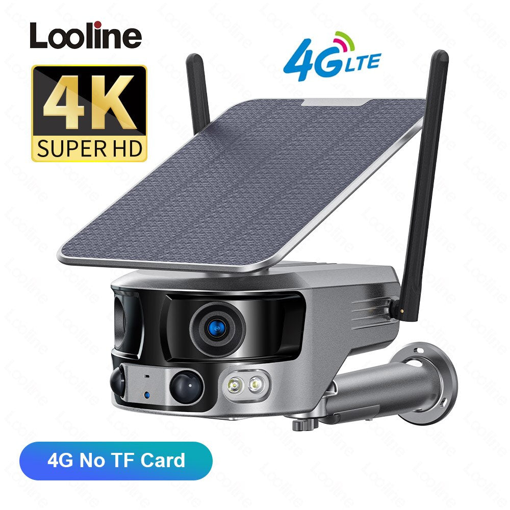 Looline 4K 8MP 180 Ultraweitwinkel-4G-Solarkamera – Sicherheits-Außen-WIFI-CCTV-Kamera mit 4-fachem Zoom und PIR-Menschenerkennung mit zwei Objektiven