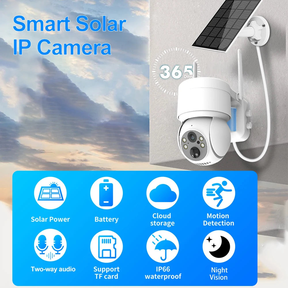 Solar Camera, Smart solar-powered IP camera with motion detection, two-way audio, and long recording capabilities.