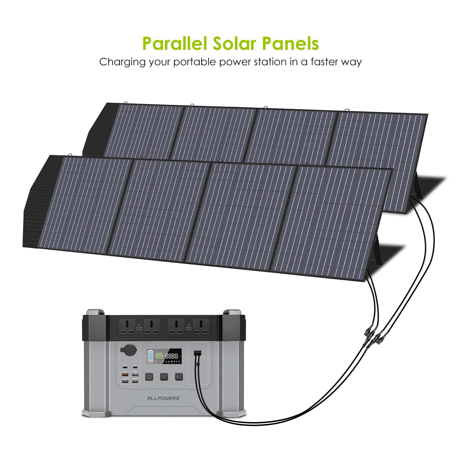 Charge your portable power station quickly with parallel solar panels, achieving a fast and efficient recharge.