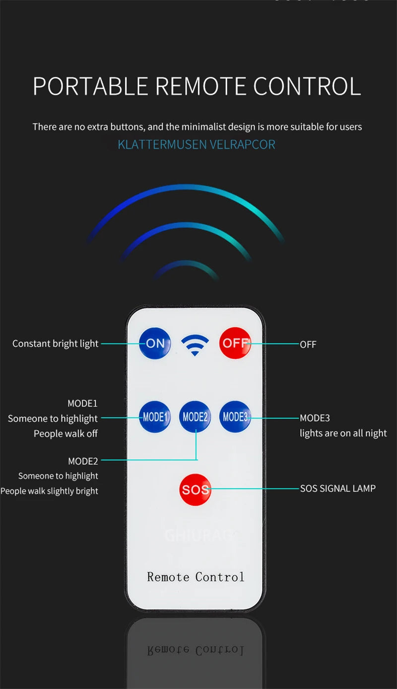 Outdoor Solar Light, Portable remote control with simple design and minimal buttons to control lights.