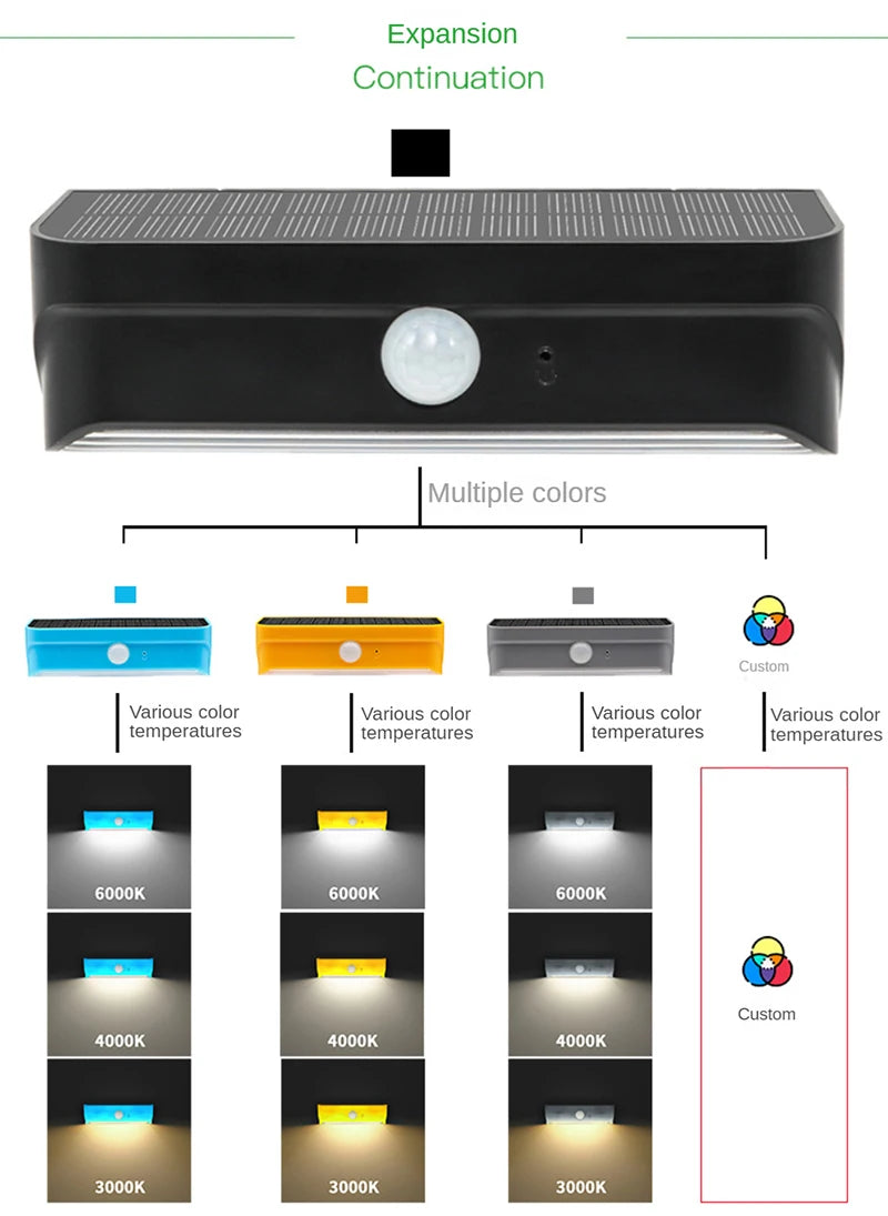 Motion Sensor LED Solar Light, Color-changing solar-powered light with customizable color options for outdoor decor.