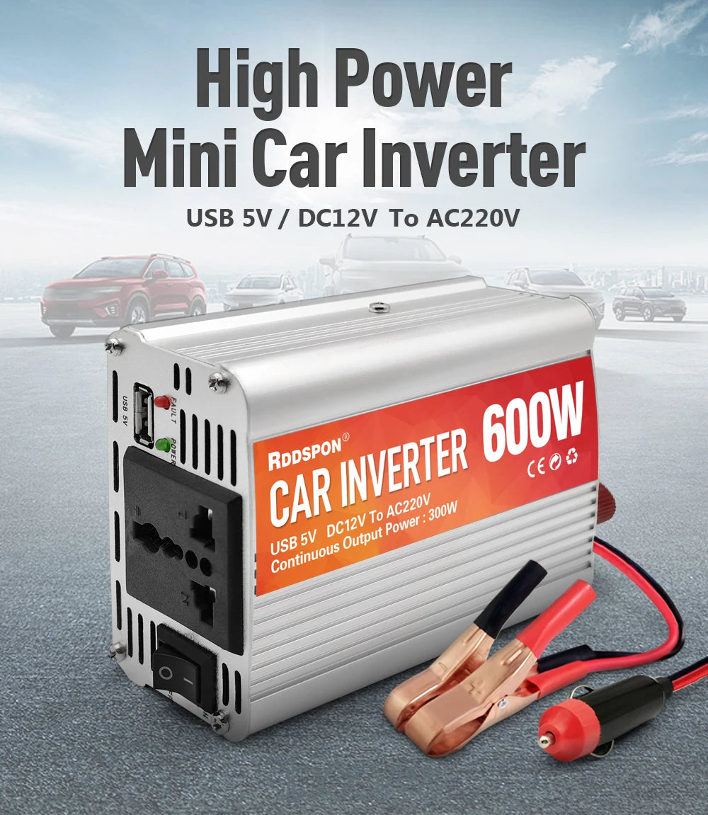 Car Power Inverter, Mini car inverter converts 12V DC to AC, charges devices via USB port.