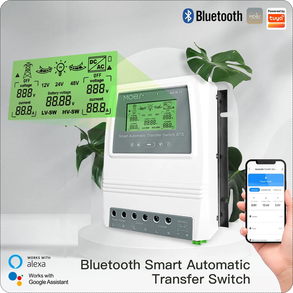 MOES Tuya Smart Dual Power Controller, Smart dual power controller for off-grid solar and wind systems, with automatic transfer switch.