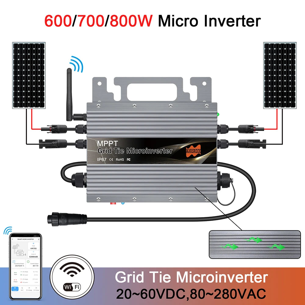 800W Grid Tie Micro Inverter, High-efficiency micro inverter for grid-tied solar systems, featuring MPPT charging and WiFi monitoring.