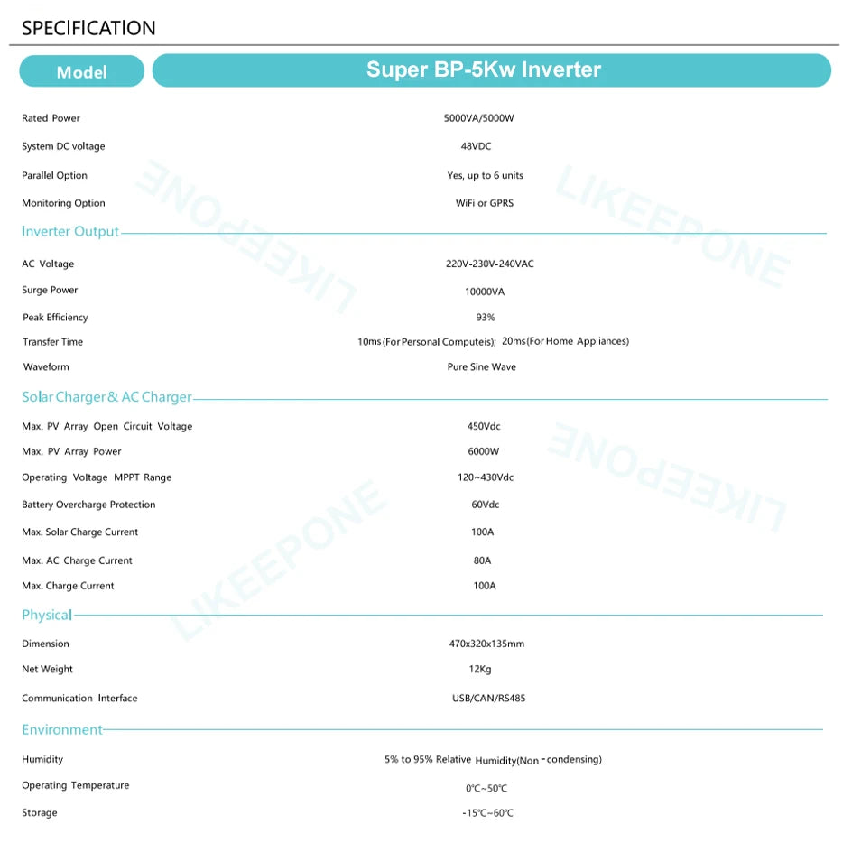 New 48V 5Kw 3.5Kw Inverter, Inverter for 48V battery, 5kW output, high-frequency communication, and WiFi/GPRS monitoring.