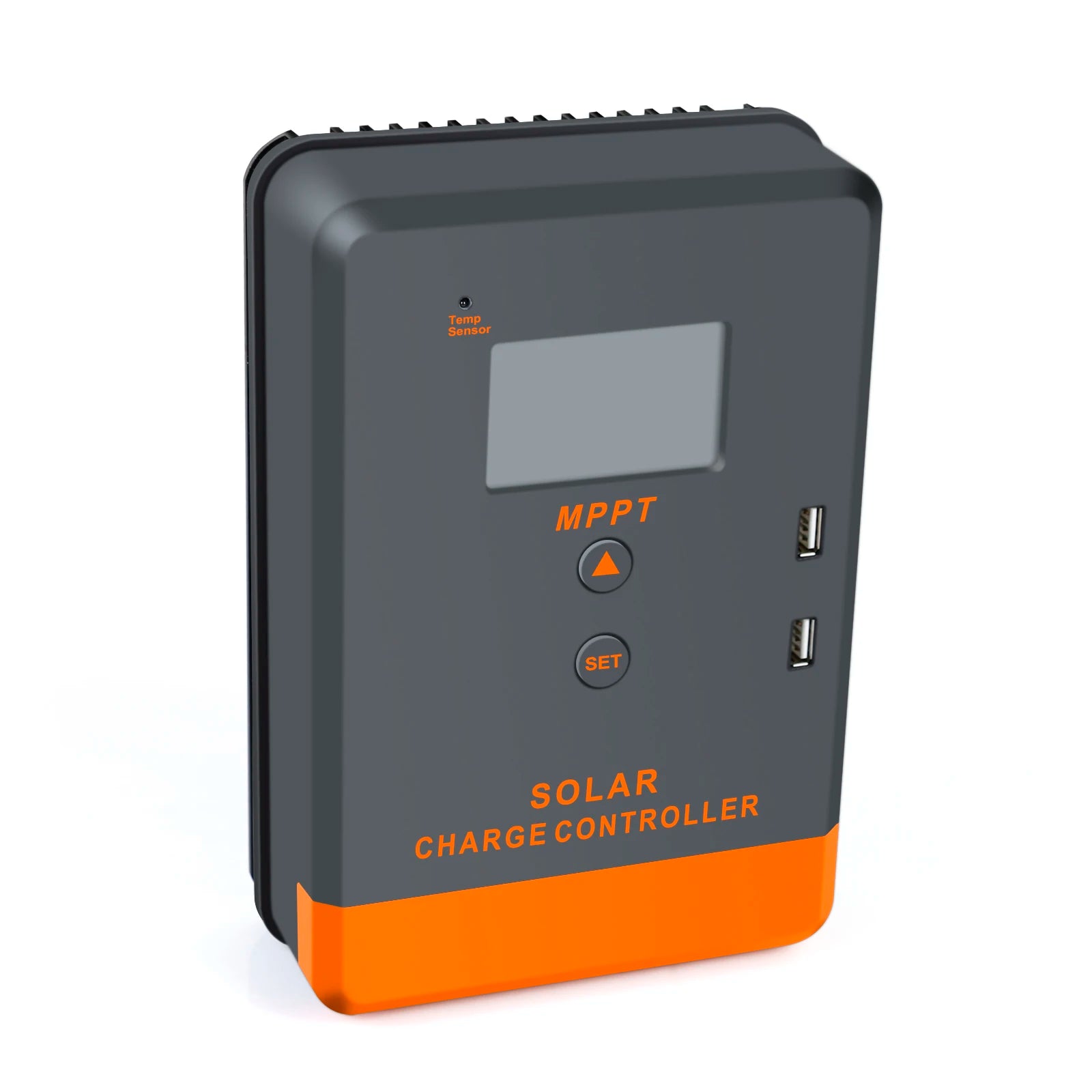 PowMr MPPT Solar Charger Controller, Solar charger controller with temperature sensor, supports 4 charging modes and displays info on an LCD screen.