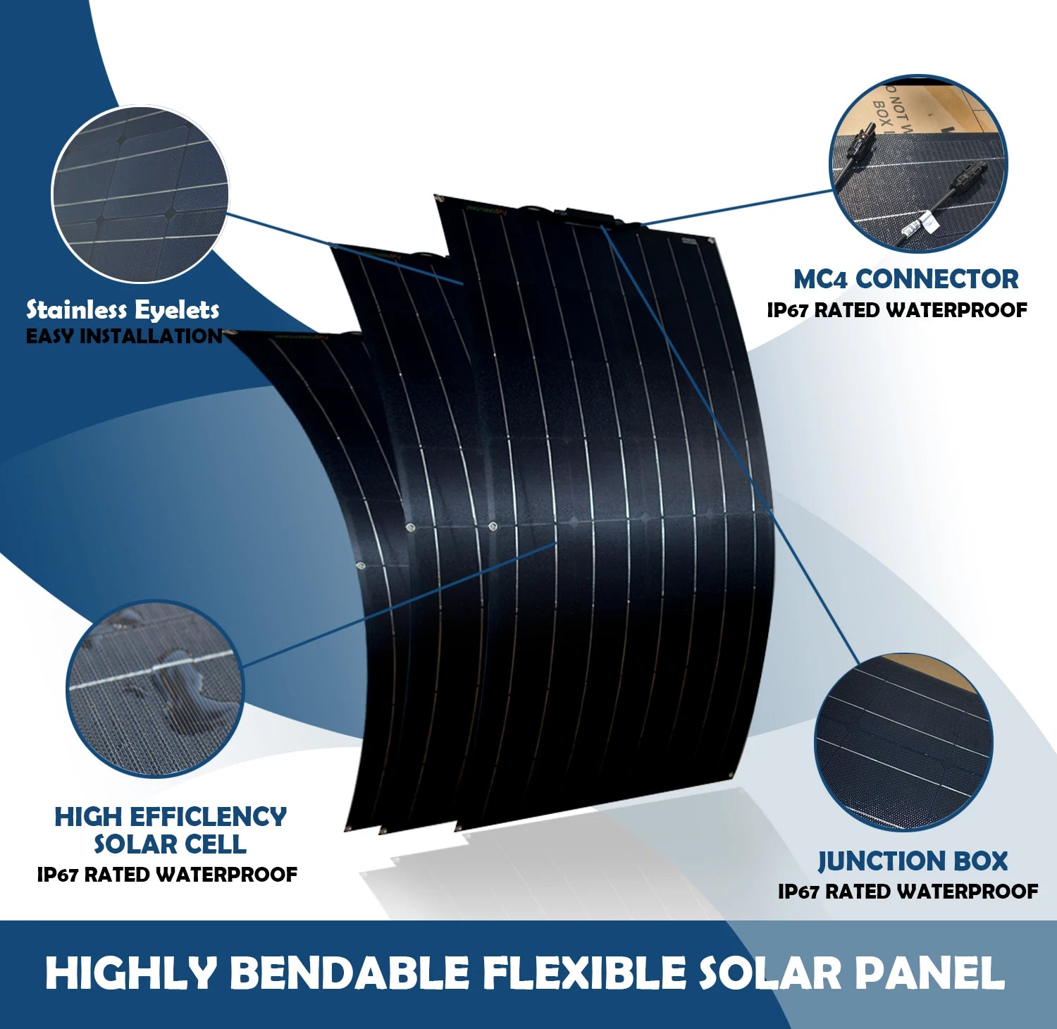 Waterproof solar panel with flexible design and high-efficiency junction box for outdoor use in RVs, boats, or cars.