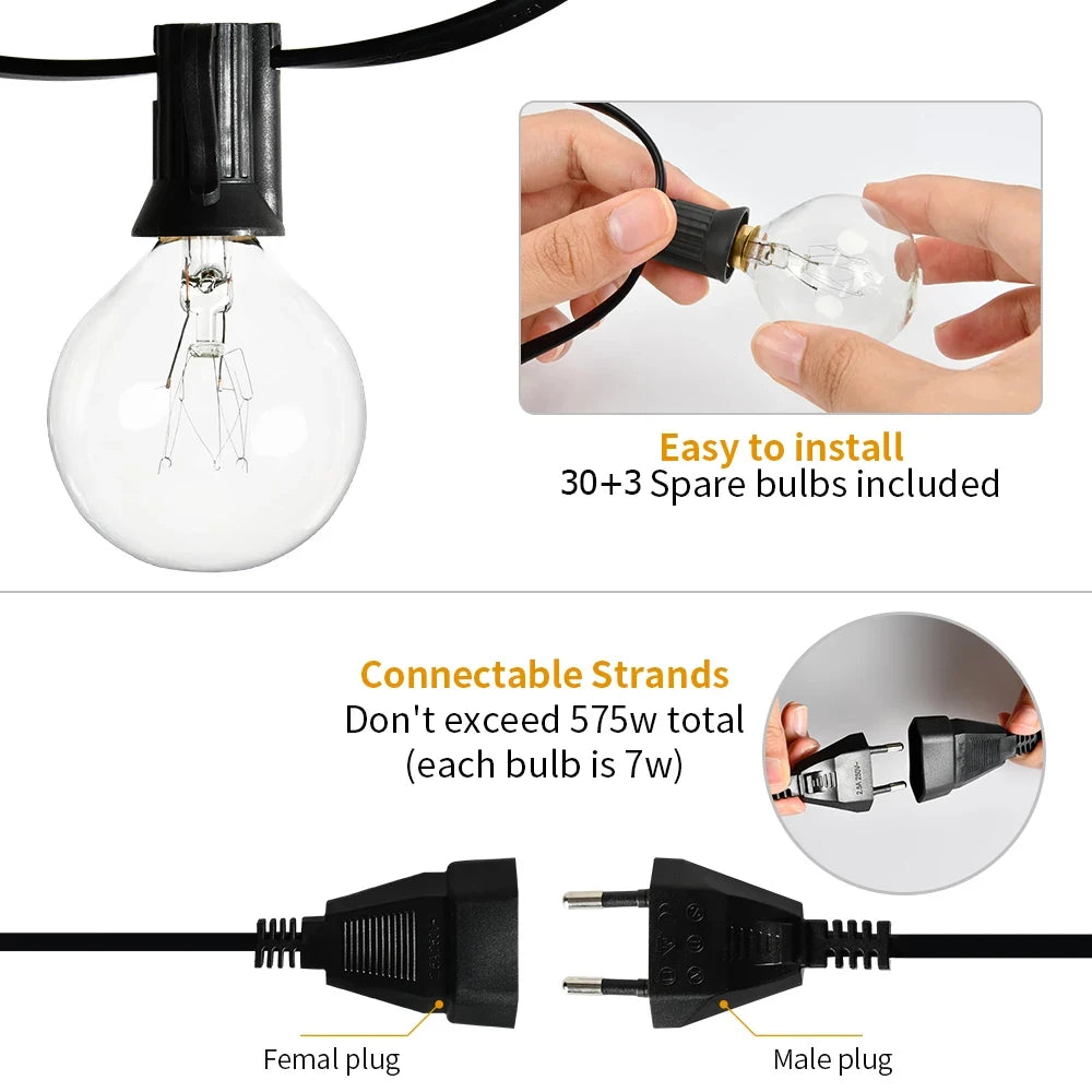 Outdoor String Light, Easy to install, includes extra bulbs, connectable strands, and plug options for versatile lighting.