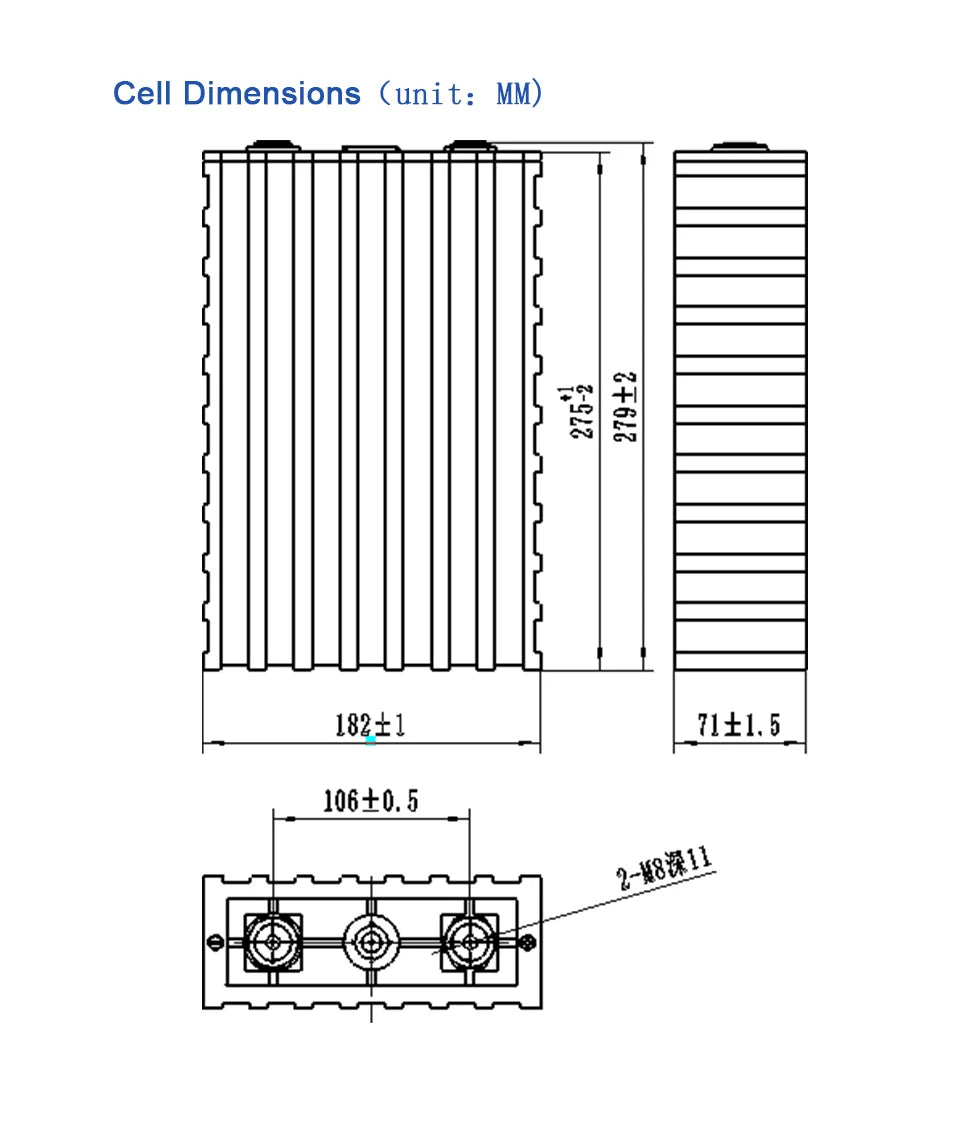 Battery dimensions: 182mm x 106mm x (±1mm/0.5mm/4.8mm) for accurate measurement and labeling.