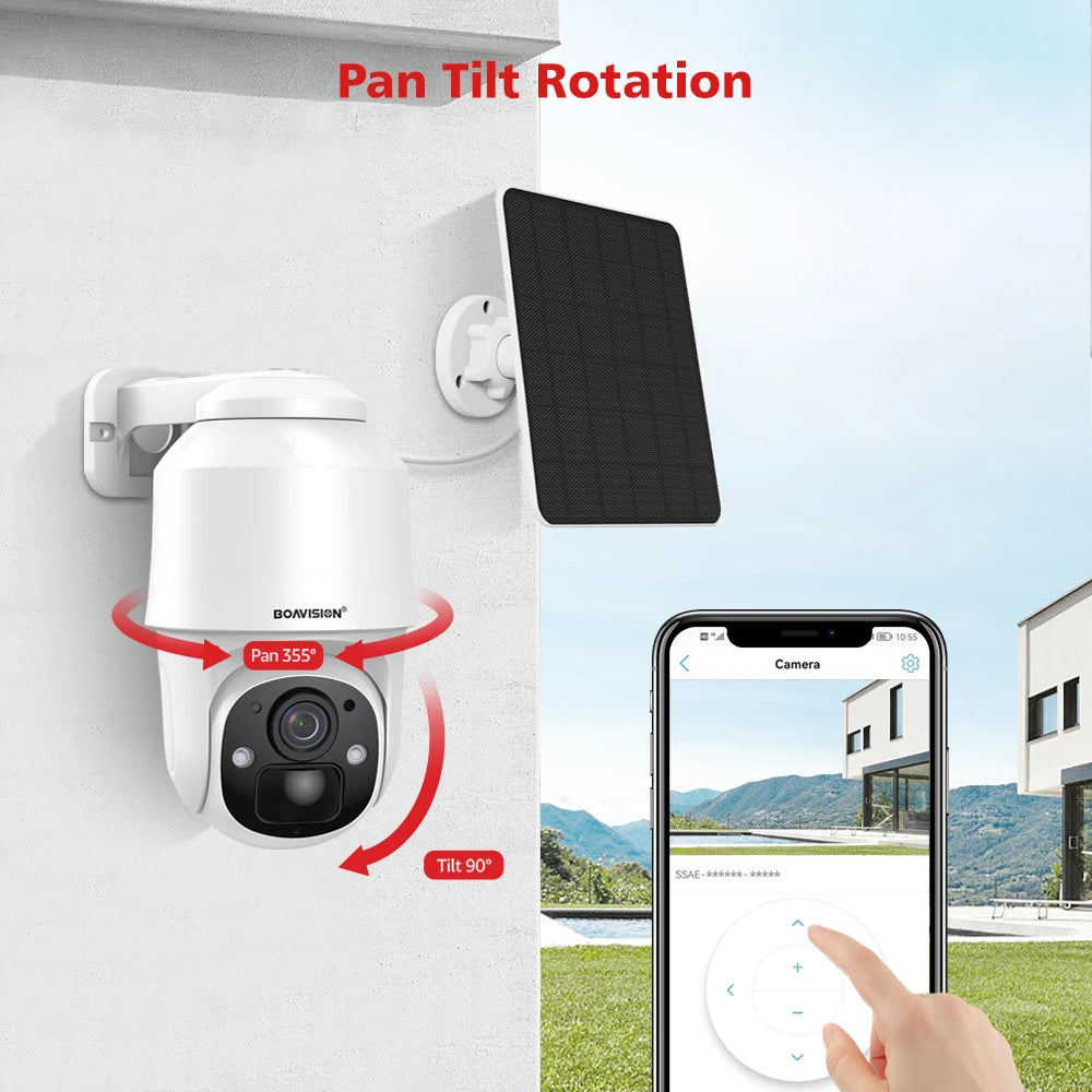 BOAVISION D4 Solar Camera, Wireless solar-powered camera with 2MP/4MP res, tilt adjustment, and motion detection.