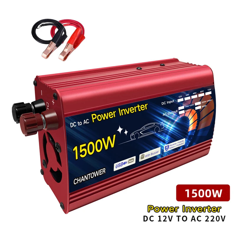 Solar Inverter, Converts 12V DC to 220V AC, up to 1500W, suitable for US and global markets.