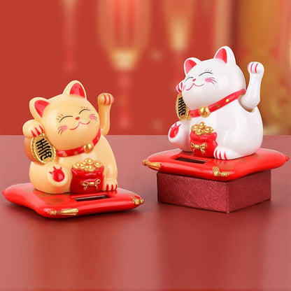 Solar Powered Maneki Neko Lucky Cat - Welcoming Chinese Lucky Cat Waving Hand Beckoning Fortune Cat Figurines For Home Decor