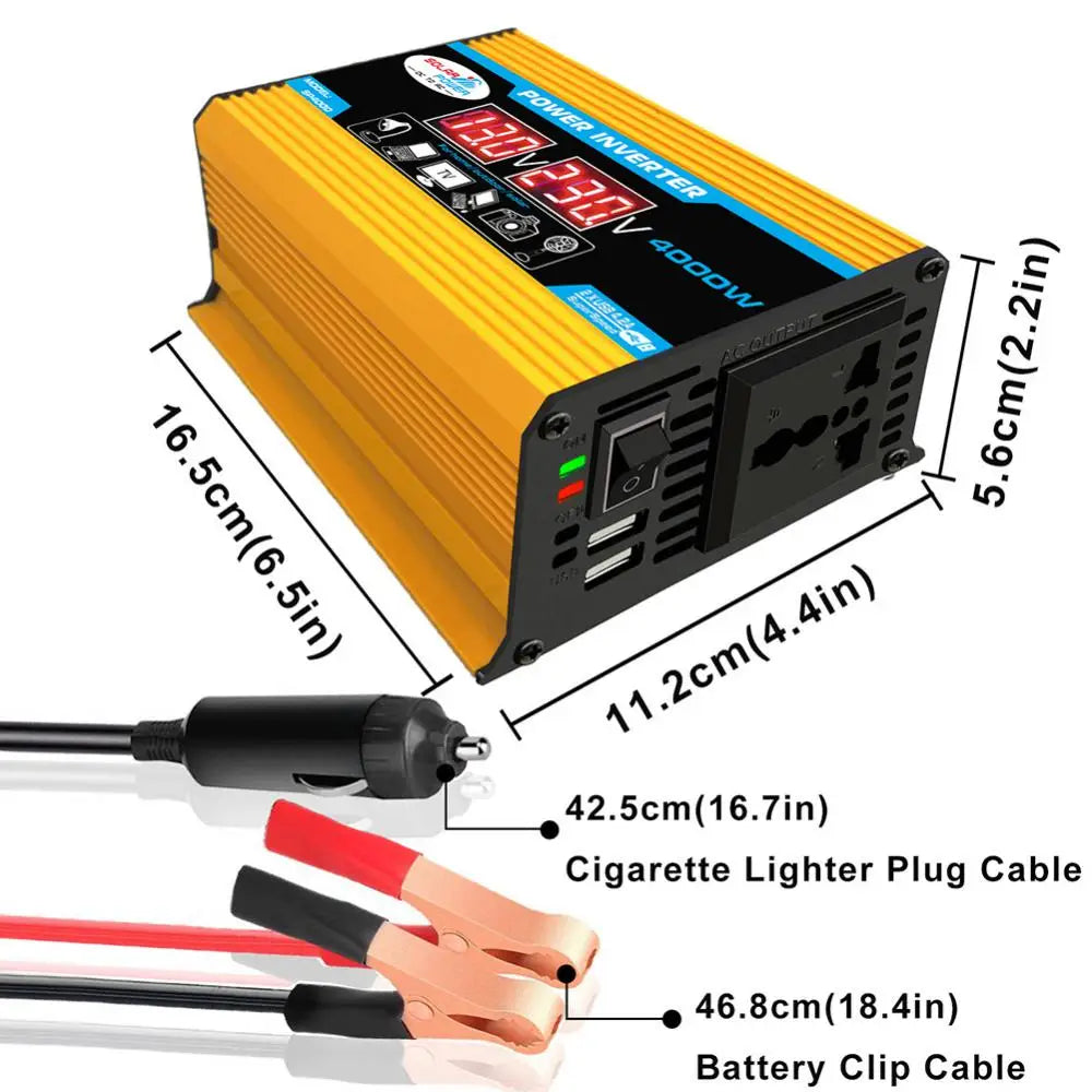 Pure Sine Wave Inverter, Inverter converts 12V DC to 220V AC, 4000W, suitable for solar panels and battery charging.