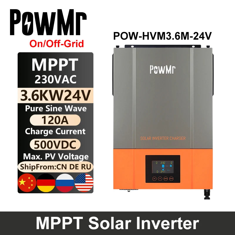 PowMr MPPT Solar Inverter, Off-grid solar inverter for charging batteries and supplying power with remote monitoring.