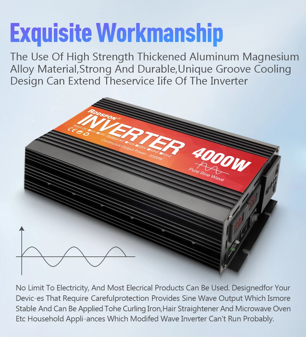 1000W-4000W Pure Sine Wave Inverter, Durable high-strength aluminum-magnesium alloy inverter with pure sine wave output for sensitive devices.
