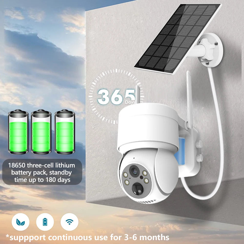 Solar Camera, Lithium battery pack allows for 3-6 months of continuous use or 180 days of standby.