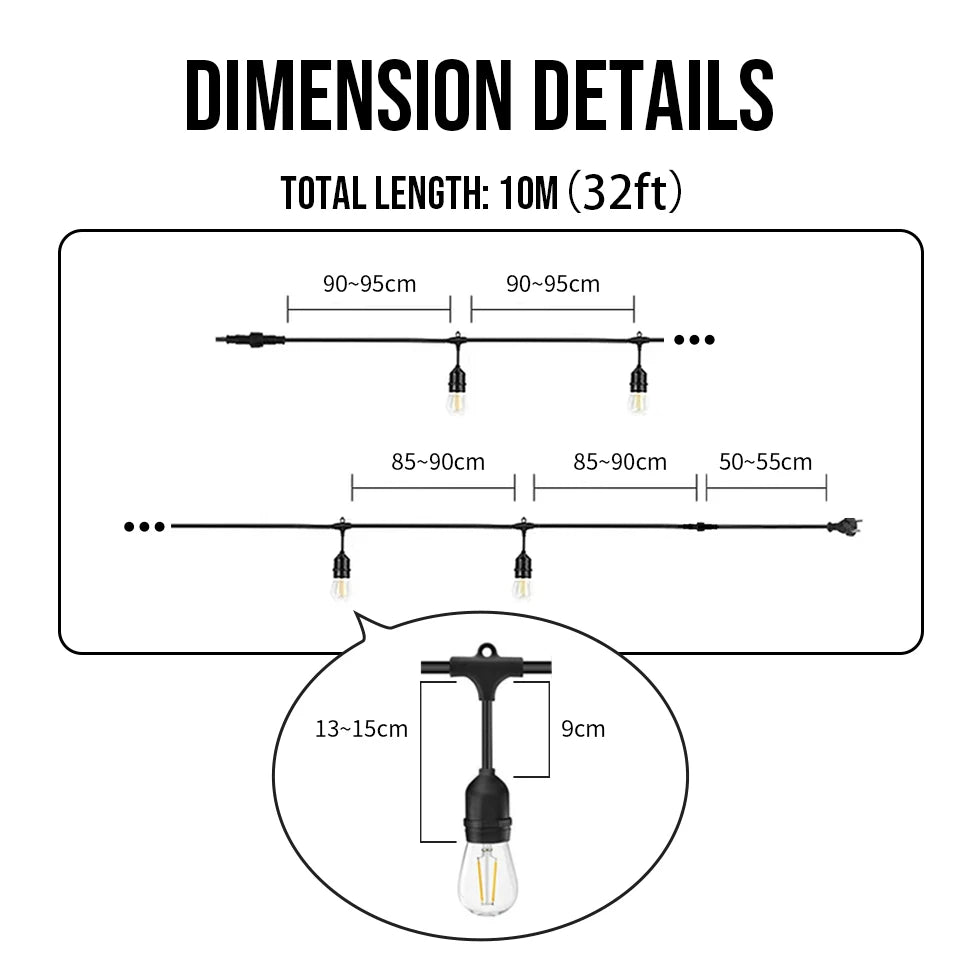 Connectable LED lights for easy installation, total length 10m (32ft), various piece dimensions.