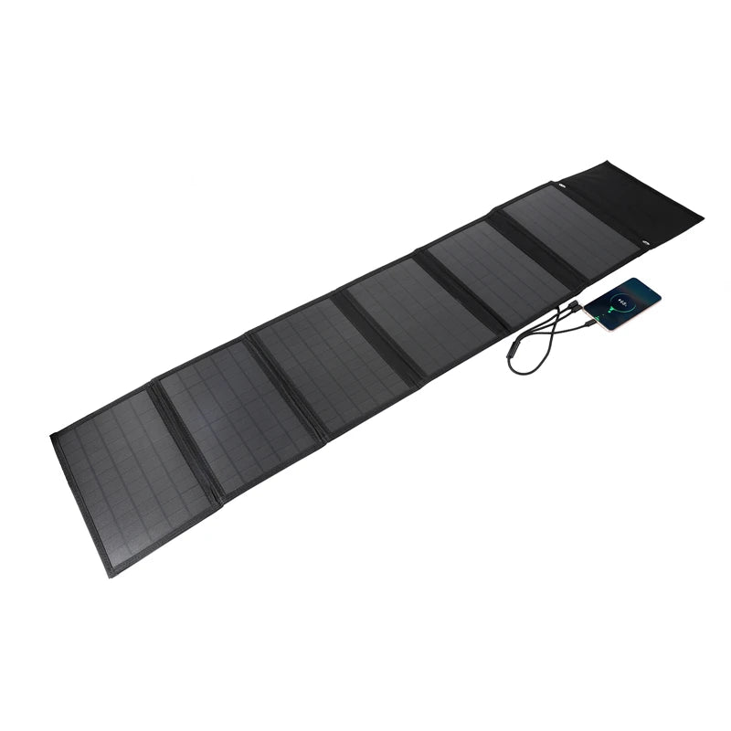 100W Solar Panel, Portable solar charger with 100W foldable panel for outdoor use, charging devices via USB and DC.