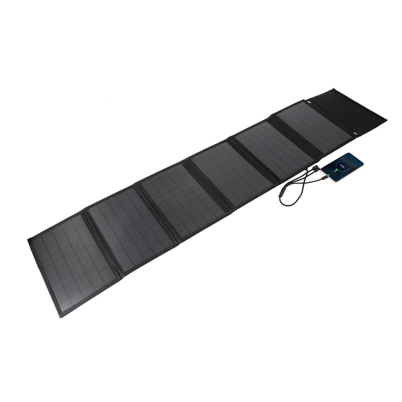 100W Solar Panel, Portable solar charger with 100W foldable panel for outdoor use, charging devices via USB and DC.