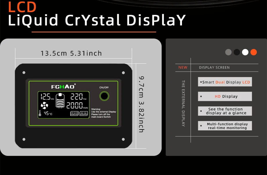 FCHAO 2400W Solar Panel Inverter, Large HD display with smart dual-display functionality for easy monitoring and control.