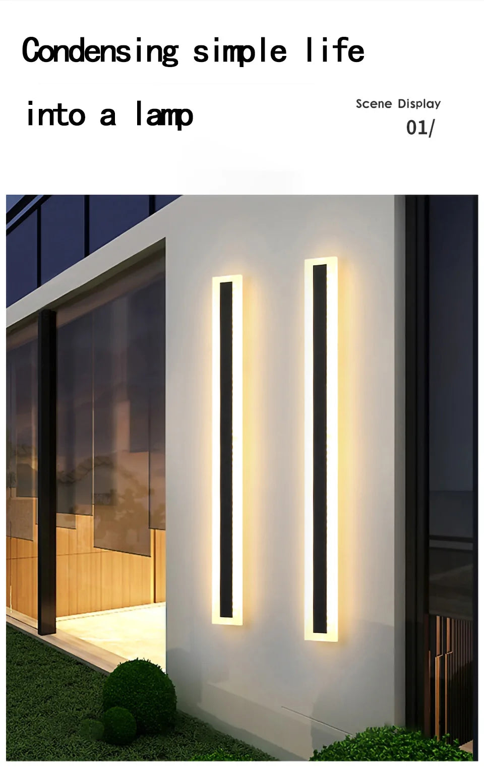 Waterproof LED Long Wall Light, Modern LED light showcases garden or villa scenes with simplicity, ideal for indoor/outdoor use.