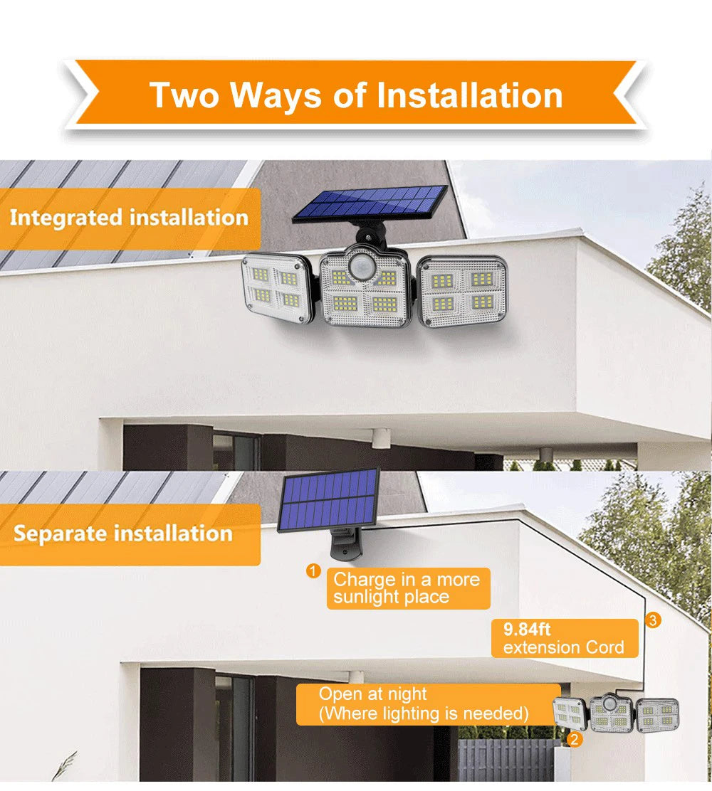 122/138/171/198/333 LED Solar Light, Easy install with integrated or separate options; place in direct sunlight for optimal charging.