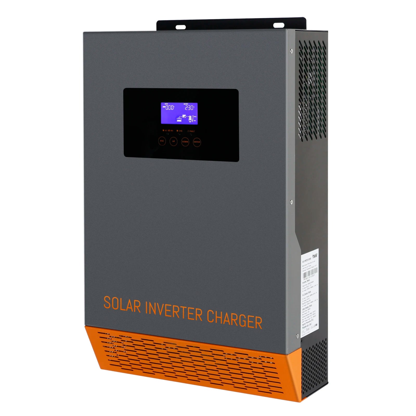 PowMr Hybrid Solar Inverter, Solar inverter with 5.5KW/3.5KW power, MPPT tracking, and 110A charging capacity for solar panel systems.