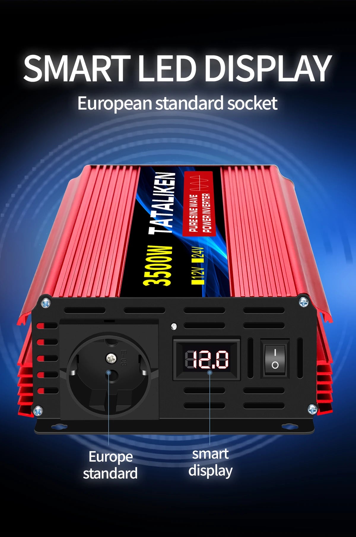Inverter, Compact LED display with EU-compatible charging port for effortless power-up.
