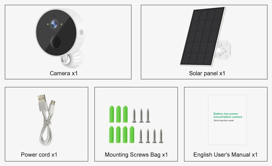 Smar S8-X200B-S - 1080P WiFi Solar Camera, Kit contains camera, solar panel, battery, power cord, screws, manual, and carrying case.