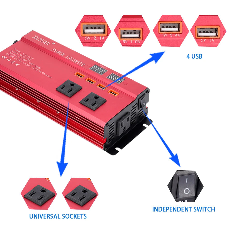 110/220V 4000W Car Inverter, Converts car battery DC power to AC for charging devices at home, perfect for camping/festivals/outages.