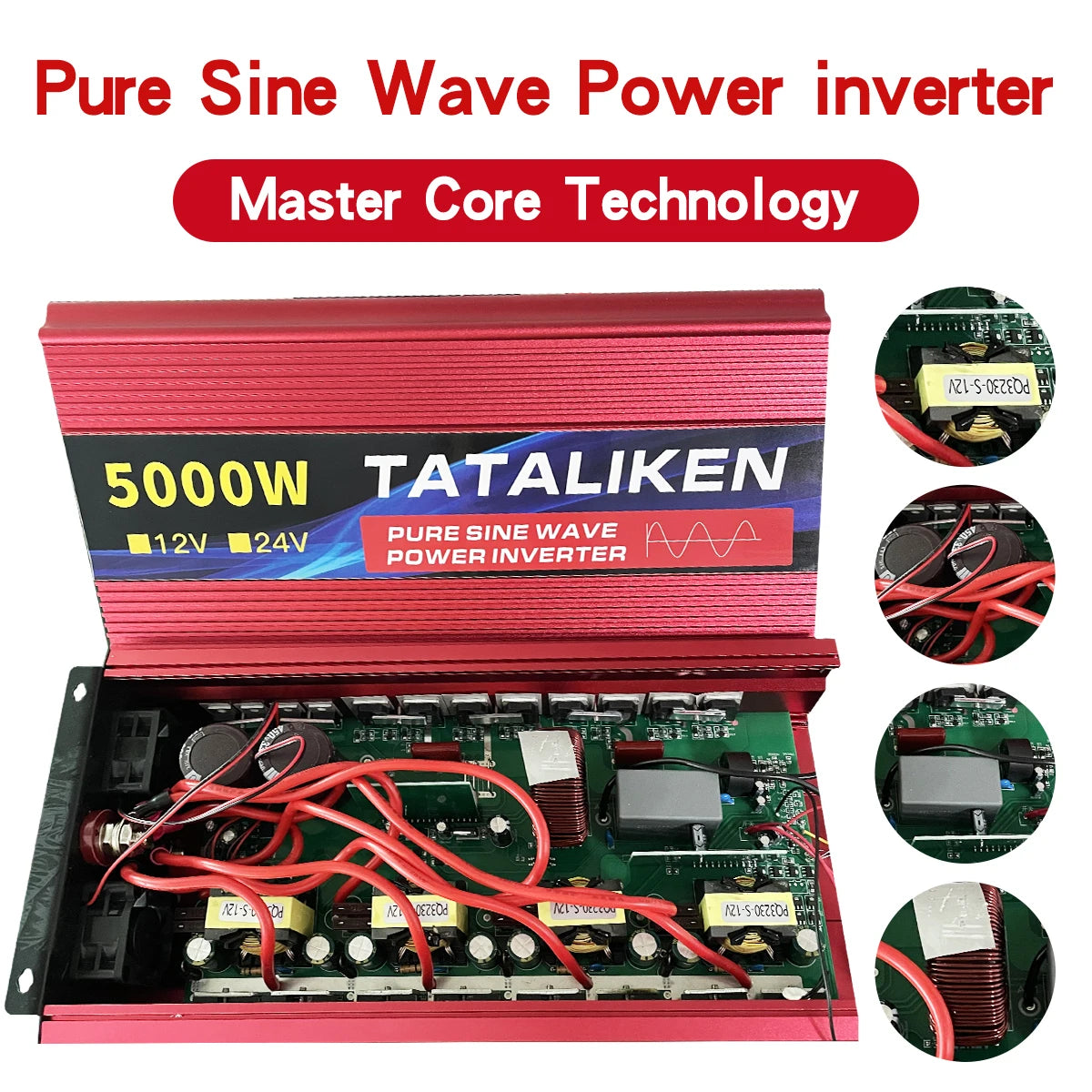 Pure sine wave inverter converts DC power to AC 220V, 50/60Hz, with LED display and universal socket.