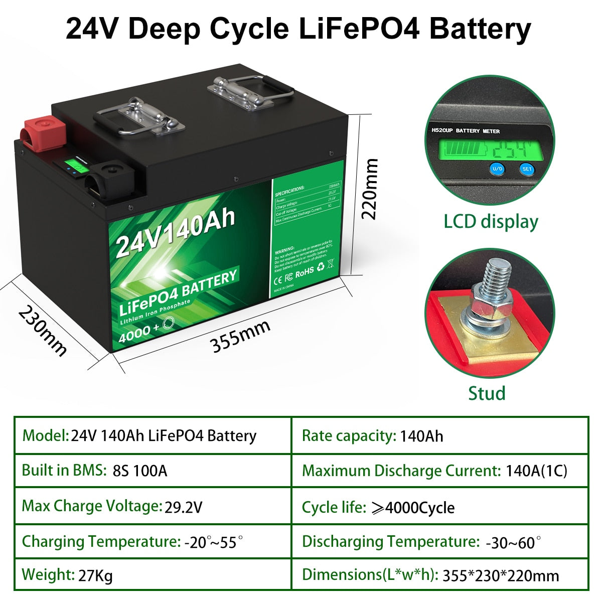 Bateria LiFePO4 24V 300Ah 200Ah 100Ah - 6000 ciclos 25,6V 7680Wh 8S 200A BMS RV Carrinho de golfe Bateria de lítio recarregável sem impostos