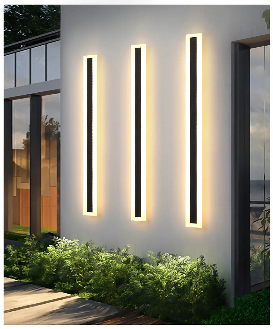 Waterproof LED Long Wall Light, Waterproof LED wall lamp with modern design, IP65 rating, and adjustable brightness.