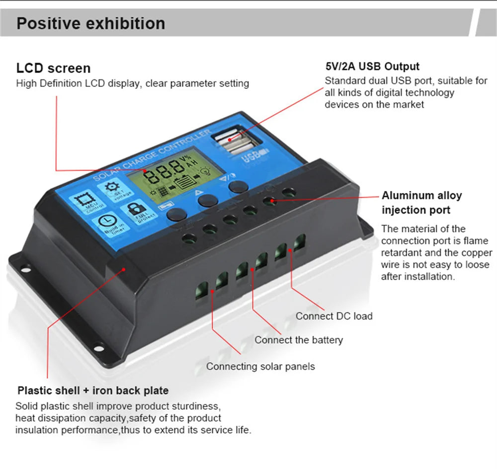 Upgraded 10A 20A 30A Solar Controller, Solar controller with HD display, USB ports, flame-retardant ports, and durable design for charging devices.