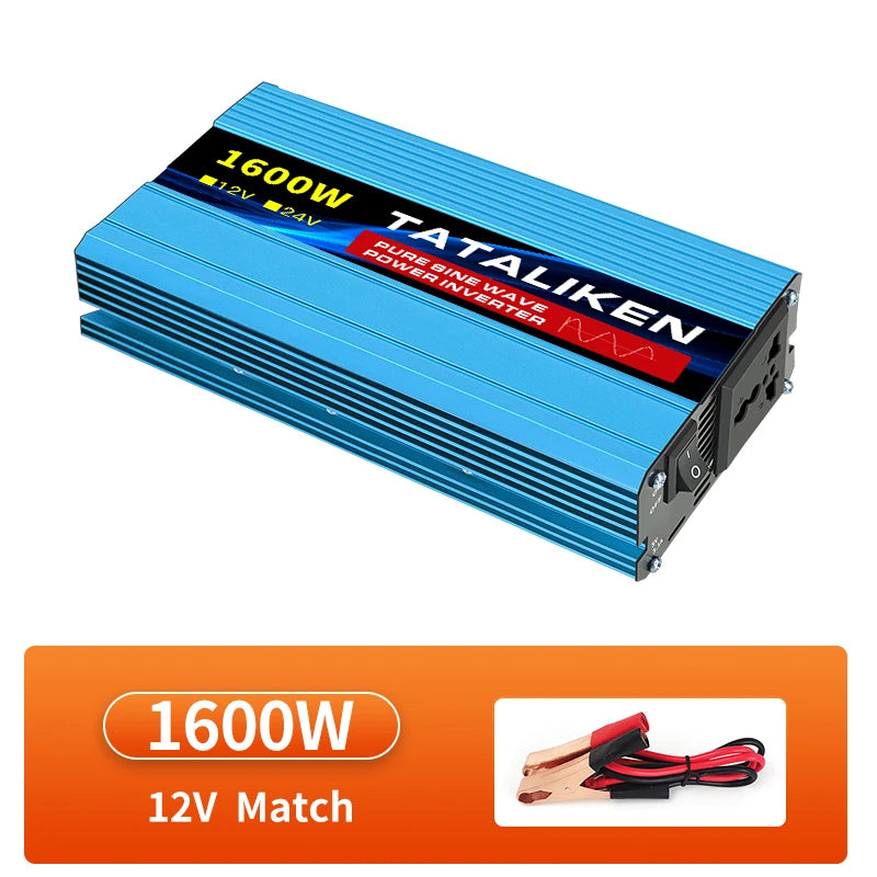 pure sine wave inverter, Inverter converts 12V DC to 220V AC with adjustable power options.