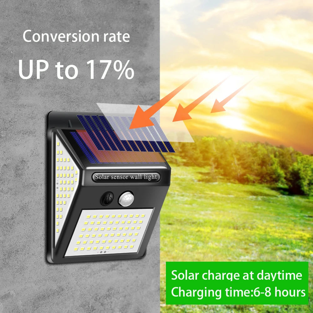 228 144 LED Solar Light, Solar-powered lamp with motion sensing charges during the day and shines bright at night.