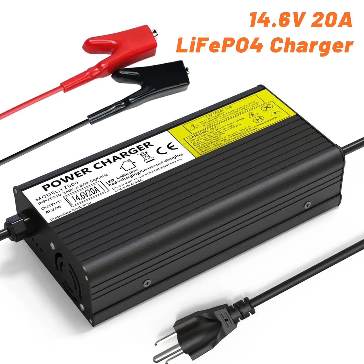 New 4S 14.6V 20A LiFePO4 Charger, 14.6V LiFePO4 Charger for Lifepo4 battery packs, featuring power indicator and overcharge protection.