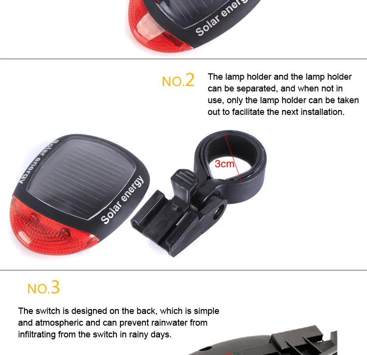 Solar Bike Light, Detachable lamp holder with rear-mounted switch for easy removal and weather-resistant design.