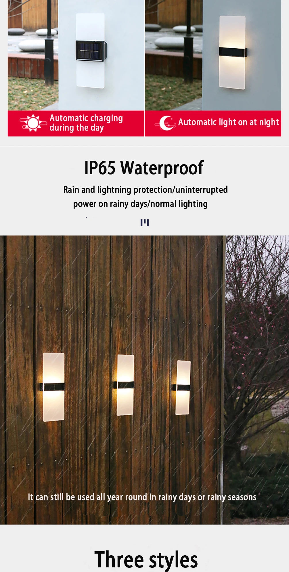 LED Solar Wall Light, Waterproof and solar-powered, this light charges automatically during the day and shines at night.