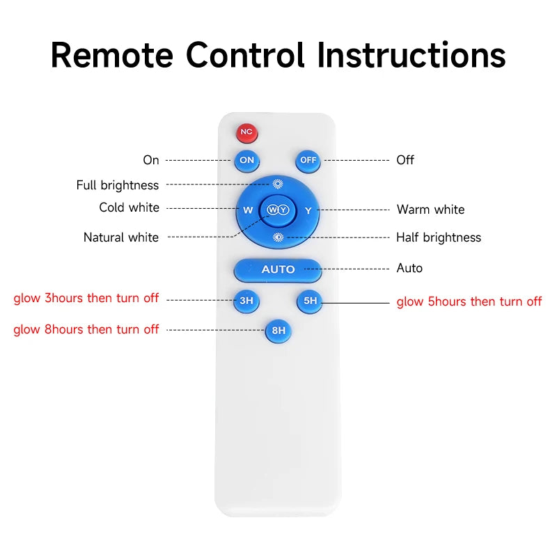 Solar light, Operating instructions: toggle on/off, adjust brightness and color, with auto-shutoff options up to 8 hours.