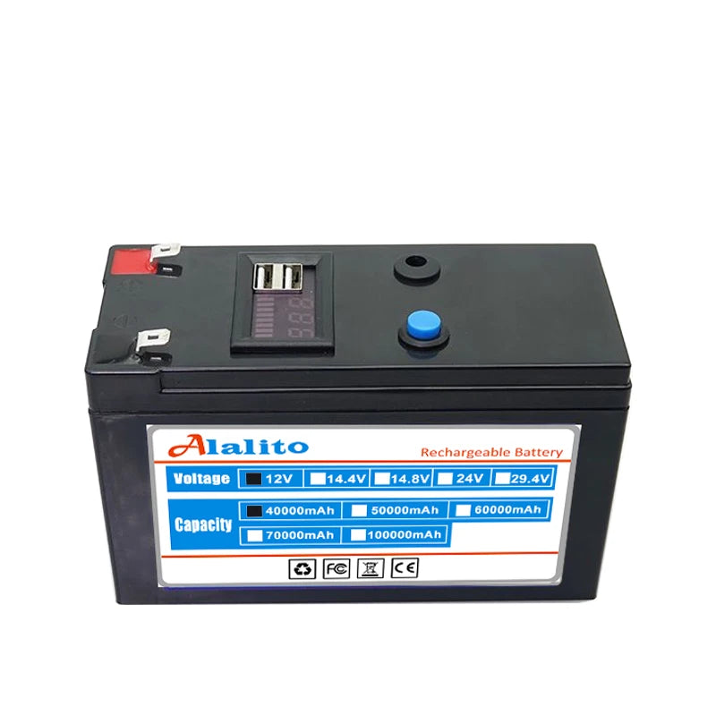 Rechargeable battery pack with 12V voltage range, 100Ah capacity for solar and EV use.