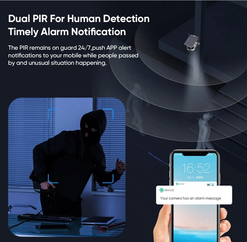 Advanced motion detection system sends instant alerts for human presence and unusual events using dual PIR sensors.