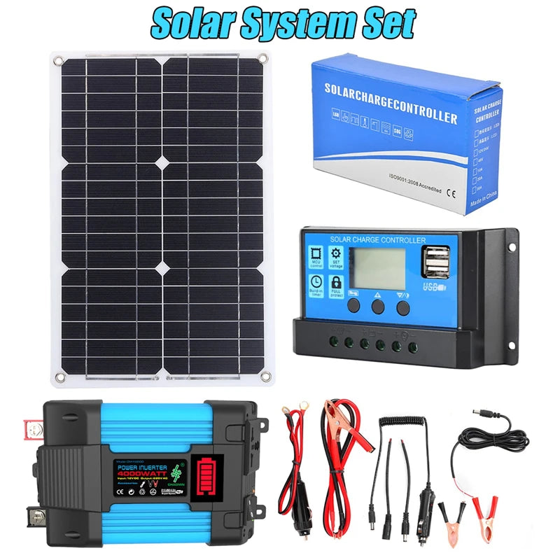12V to 110/220V Solar Panel, Solar panel kit: 18V, 18W panel, 30A controller, and 4000W inverter for small-scale power generation.