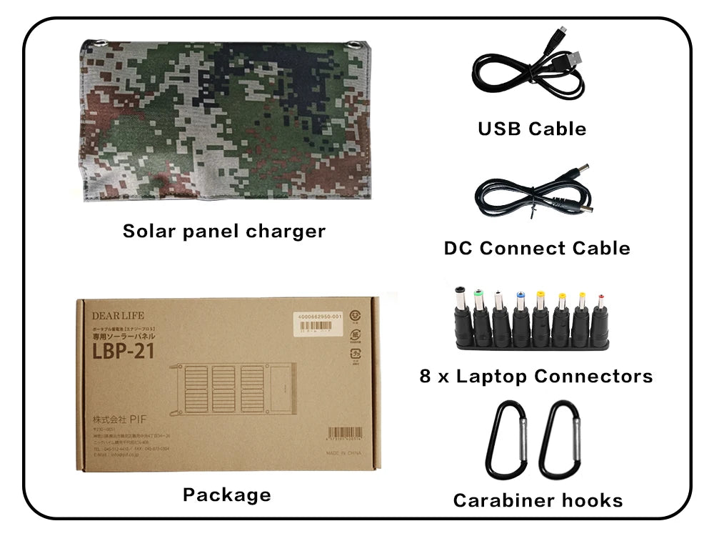 Solar Panel, Portable DC solar charger with USB cable for charging devices and carabiner hooks.