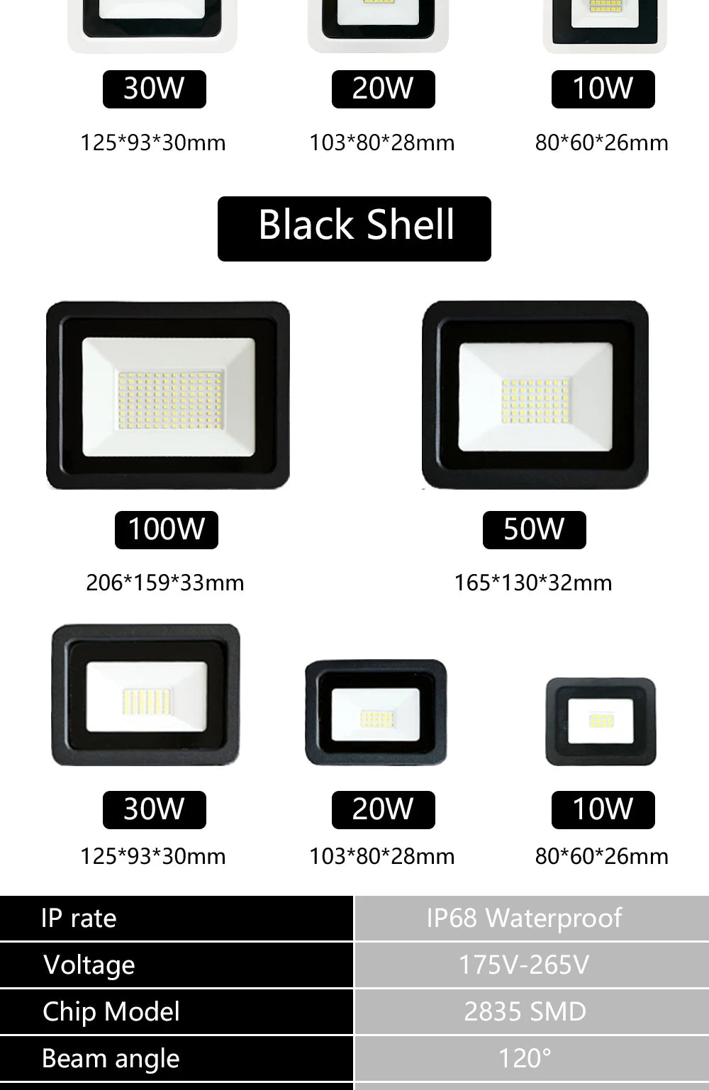 Modern LED flood light with IP68 waterproof protection, suitable for outdoor use.